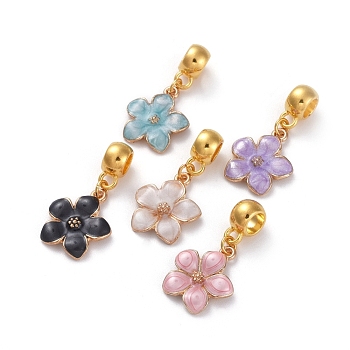 Golden Plated Zinc Alloy European Dangle Charms, Large Hole Pendants, with Enamel, Flower, Mixed Color, 27mm, Hole: 4.5mm, Flower: 16.5x14x2mm
