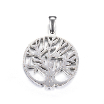 304 Stainless Steel Pendants, Flat Round with Tree of Life, Stainless Steel Color, 27.5x25x2mm, Hole: 7x3mm