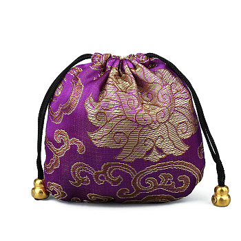 Chinese Style Stain Brocade Jewelry Packing Pouches, Drawstring Gift Bags, Auspicious Cloud Pattern, Purple, 11x11cm