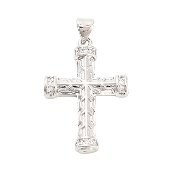 Brass Micro Pave Cubic Zirconia Pendants, Cross Charms, Long-Lasting Plated, Rack Plating, Lead Free & Cadmium Free, Platinum, 29x20x3.5mm, Hole: 4.5x3.5mm