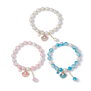 3Pcs 3 Color Glass Beads Stretch Bracelet, Stackable Bracelets with Brass & Alloy Enamel Charms, Shell Shape, Inner Diameter: 2-3/8 inch(6cm), 1Pc/color