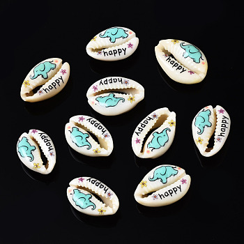 Printed Natural Cowrie Shell Beads, No Hole, Elephant Pattern & Word Happy, Turquoise, 18~23x13~16x7~8mm