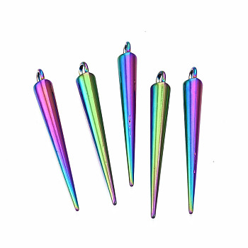 Rainbow Color Alloy Pendants, Cadmium Free & Nickel Free & Lead Free, Cone, 35.5x4.5mm, Hole: 2mm