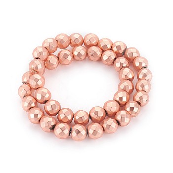Electroplated Non-magnetic Synthetic Hematite Beads Strands, Frosted, Faceted, Round, Rose Gold Plated, 10mm, Hole: 1.4mm, about 42pcs/strand, 15.74 inch(40cm)