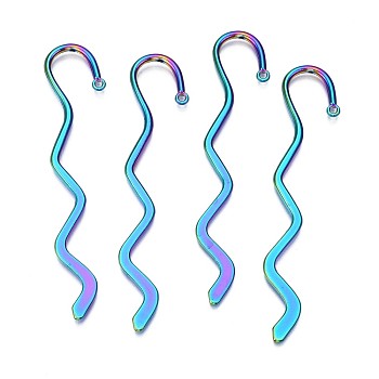 Rainbow Color Alloy Bookmark Findings, Wave Hook Bookmark Findings with Hole, Cadmium Free & Nickel Free & Lead Free, 82x17x1.5mm, Hole: 1.5mm
