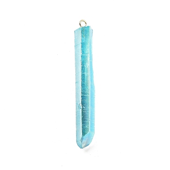 Electroplated Natural Quartz Pendants, with Brass Findings, Bullets, Pointed Pendants, Golden, Cyan, 40~65x7~15mm, Hole: 3mm