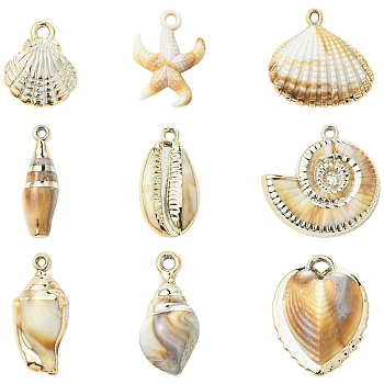 18Pcs 9 Styles Plating Acrylic Imitation Shell Pendants, Shell Shapes/Stafish Charms, Sandy Brown, 23~38.5x9.5~34.5x5~15mm, Hole: 1.7~4mm, 2pcs/style