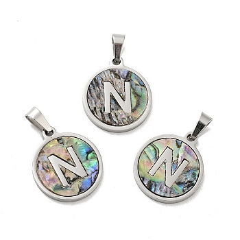 304 Stainless Steel with Paua Shell Pendants, Stainless Steel Color, Flat Round with Letter Charm, Letter.N, 18x16x1.5mm, Hole: 3x6mm