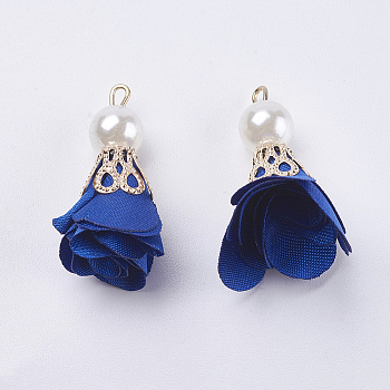 Nylon Pendant Decorations, with Iron Findings, and Acrylic Pearl Beads, Flower, Light Gold, Royal Blue, 30x27mm, Hole: 2mm
