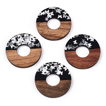 Opaque Resin & Walnut Wood Pendants, Donut/Pi Disc Charms with Butterfly Paillettes, Waxed, Silver, Donut Width: 13mm, 28x3.5mm, Hole: 2mm