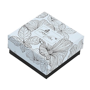 Flower Print Cardboard Paper Jewelry Storage Boxes, Gift Package Supplies, Square, Light Cyan, 7.6x7.5x3.6cm