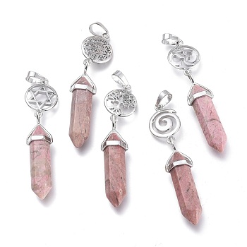 Natural Rhodochrosite Pointed Big Pendants, Double Terminated Pointed, with Platinum Plated Brass Findings, Faceted, Bullet, 59~67x14~15mm, Hole: 7x5mm, Gemstone: 41~44x8mm