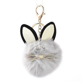 Faux Fur Cat Pendant Keychain, Cute Kitten Golden Tone Alloy Key Ring Ornament, Dark Gray, 15x8cm