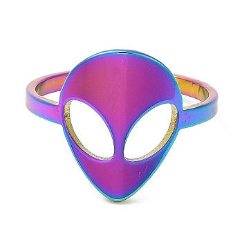 Ion Plating(IP) 304 Stainless Steel Alien Face Adjustable Ring for Women, Rainbow Color, Inner Diameter: 16.6mm