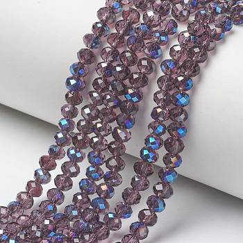 Electroplate Glass Beads Strands, Half Plated, Blue Plated, Faceted, Rondelle, Purple, 4x3mm, Hole: 0.4mm, about 123~127pcs/strand, 16.5~16.9 inch(42~43cm)