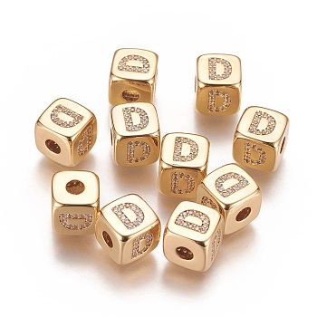 Brass Micro Pave Cubic Zirconia Beads, Horizontal Hole, Real 18K Gold Plated, Long-Lasting Plated, Cube with Letter, Clear, Letter.D, 9x9x9mm, Hole: 3.5mm