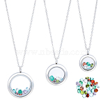 DIY Pendant Necklaces, Including 3Pcs 3 Styles 304 Stainless Steel Flat Round Locket Pendants & 3Pcs Cable Chains and 32Pcs 8 Colors Cubic Zirconia Cabochons, Mixed Color, Stainless Steel Color, Pendant: 27~36x20~30x6~7mm, Hole: 5mm, 1pc/style(DIY-ME0003-01)