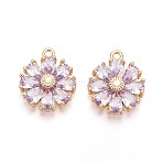 Real 18K Gold Plated Brass Micro Pave Cubic Zirconia Pendants, Nickel Free, Flower, Lavender, 15x12.5x3.5mm, Hole: 1.4mm(X-KK-S360-043B-NF)