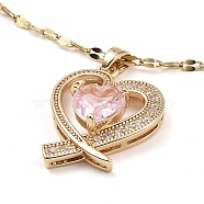 Heart Light Gold Brass Micro Pave Cubic Zirconia Pendant Necklaces, with Glass, Pink, 16.14 inch(41cm)(NJEW-E105-09KCG-01)