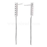925 Sterling Silver Stud Earring Findings Micro Pave Cubic Zirconia, with S925 Stamp, Cuboid with Snake Chain, Real Platinum Plated, 47x2.5x2mm, Pin: 0.7×12mm(STER-T007-23P)
