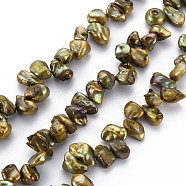 Natural Keshi Pearl Beads Strands, Cultured Freshwater Pearl, Dyed, Nuggets, Olive, 8~17x6~12x3~7mm, Hole: 0.5mm, about 57~66pcs/strand, 14.96 inch(38cm)(PEAR-S021-013B-03)