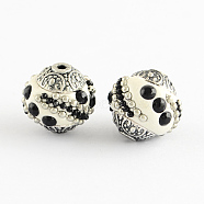 Handmade Indonesia Beads, with Jet Rhinestones and Alloy Cores, Round, Antique Silver, White, 14~16x14~16mm, Hole: 1.5mm(IPDL-R437-11)