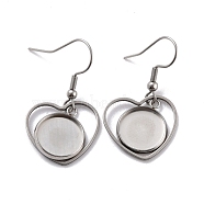 201 Stainless Steel Earring Hooks, with Heart Blank Pendant Trays, Flat Round Setting for Cabochon, Stainless Steel Color, 36mm, 22 Gauge, Pin: 0.6mm(STAS-Z036-06P)