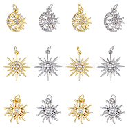 12Pcs 6 Styles Brass Micro Pave Cubic Zirconia Pendants, with Jump Ring, Moon & Sun & Star Charm, Platinum & Golden, 16~20x13~18x2.5~3.5mm, Hole: 2.5mm, 2pcs/style(KK-DC0003-29)