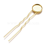 Iron Hair Fork Findings, with Flat Round Brass Cabochon Settings, Long-Lasting Plated, Golden, Tray: 14mm, 79x16x3mm(KK-M040-04C-G)