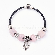 Natural Rose Quartz Beads Cord Bracelets, with Brass Findings, Flower with Leaf, 7-7/8 inch(20cm), 3mm(BJEW-O162-G02)