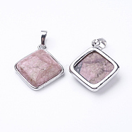 Natural Rhodonite Pendants, with Brass Findings, Rhombus, Platinum, 25x29x7mm, Hole: 5x7mm, 18x18mm(G-E420-09P)