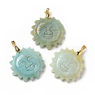 Natural Flower Amazonite Pendants, with Golden Tone Brass Findings, Lead Free & Cadmium Free, Sun with Smiling Face, 42x34~35x10.5mm, Hole: 3.8x5mm(G-E043-01B-09G)