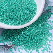 MIYUKI Round Rocailles Beads, Japanese Seed Beads, 11/0, (RR572) Dyed Aqua Green Silverlined Alabaster, 2x1.3mm, Hole: 0.8mm, about 50000pcs/pound(SEED-G007-RR0572)