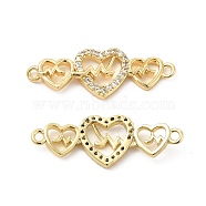Brass Micro Pave Clear Cubic Zirconia Connector Charms, 3 Heart Links, Real 18K Gold Plated, 10.5x29.5x3mm, Hole: 1.5mm(KK-E068-VB384)