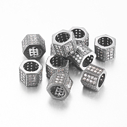 Brass Cubic Zirconia Beads, Hexagon, Gunmetal, 8x10mm, Hole: 6.5mm(ZIRC-F001-124B)