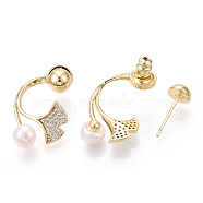 Ginkgo Leaf Natural Pearl Front Back Stud Earrings with Cubic Zirconia, Brass Drop Earring with 925 Sterling Silver Pins, Real 18K Gold Plated, 23x14mm, Pin: 12x0.8mm(PEAR-N020-05Q)