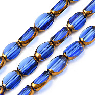 Electroplate Glass Beads Strands, Edge Plated, Oval, Royal Blue, 7x4.5x4mm, Hole: 0.8mm, about 50pcs/strand, 13.07~13.15 inch(33.2~33.4cm)(X-EGLA-N008-015E)