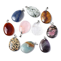Natural Mixed Stone Pendants, with Platinum Brass Pinch Bails, Oval, 30~31x22~23x6~7mm, Hole: 4x3.5mm(G-S299-125)