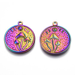 201 Stainless Steel Pendants, Flat Round with Mushroom Charm, Rainbow Color, 29x25x3mm, Hole: 1.8mm(STAS-N098-143M)