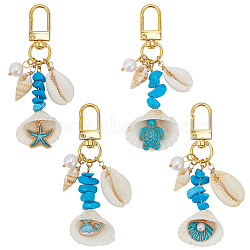 4Pcs 4 Styles Synthetic Turquoise Chip Bead and Shell Pendant Decorations, Alloy Swivel Clasps Charms for Bag Ornaments, Golden, 75.5~84mm, 1pc/style(HJEW-SP0001-18)