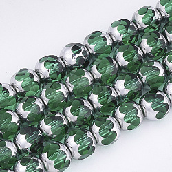 Electroplate Glass Beads Strands, Half Silver Plated, Faceted, Round, Green, 8~8.5x7~8mm, Hole: 1mm, about 40pcs/strand, 11.8 inch(EGLA-T019-02E)