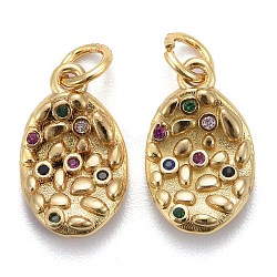 Brass Micro Pave Colorful Cubic Zirconia Pendants, Long-Lasting Plated, with Jump Rings, Oval, Real 18K Gold Plated, 15x9x2.5mm, Hole: 3mm(KK-P192-11G)