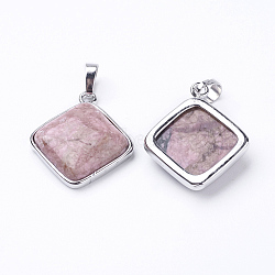Natural Rhodonite Pendants, with Brass Findings, Rhombus, Platinum, 25x29x7mm, Hole: 5x7mm, 18x18mm(G-E420-09P)