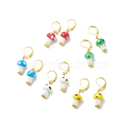 Lampwork Mushroom Dangle Leverback Earrings, Gold Plated Brass Jewelry for Women, Mixed Color, 37~38mm, Pin: 0.6mm(EJEW-JE05027)