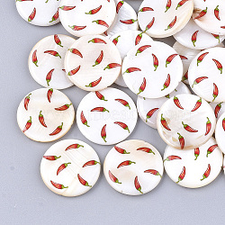 Printed Freshwater Shell Beads, Flat Round with Chillies Pattern, Red, 23.5~24.5x2.5~4.5mm, Hole: 0.6~1mm(X-SHEL-S274-63B)