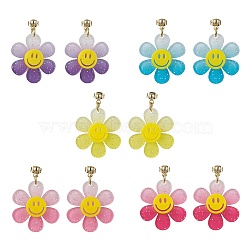 Sunflower with Smiling Acrylic Dangle Stud Earrings, Mixed Color, 38x27mm(EJEW-JE05608)