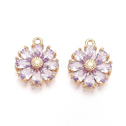 Real 18K Gold Plated Brass Micro Pave Cubic Zirconia Pendants, Nickel Free, Flower, Lavender, 15x12.5x3.5mm, Hole: 1.4mm(X-KK-S360-043B-NF)