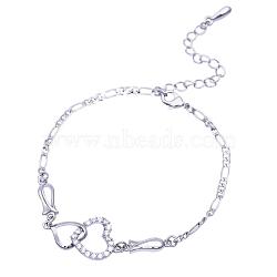 Brass Cubic Zirconia Link Chain Bracelets, with Lobster Claw Clasps, Heart to Heart, Clear, Real Platinum Plated, 9-7/8 inch(25cm)(BJEW-EE0003-01P)
