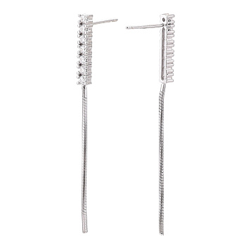 925 Sterling Silver Stud Earring Findings Micro Pave Cubic Zirconia, with S925 Stamp, Cuboid with Snake Chain, Real Platinum Plated, 47x2.5x2mm, Pin: 0.7×12mm