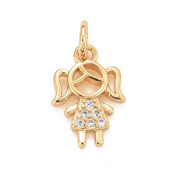 Eco-Friendly Brass Micro Pave Cubic Zirconia Pendants, with Jump Ring, Long-Lasting Plated, Lead Free & Cadmium Free, Girl, Real 24K Gold Plated, 12x8.5x1.5mm, Jump Ring: 4.5x0.8mm, 2.9mm inner diameter